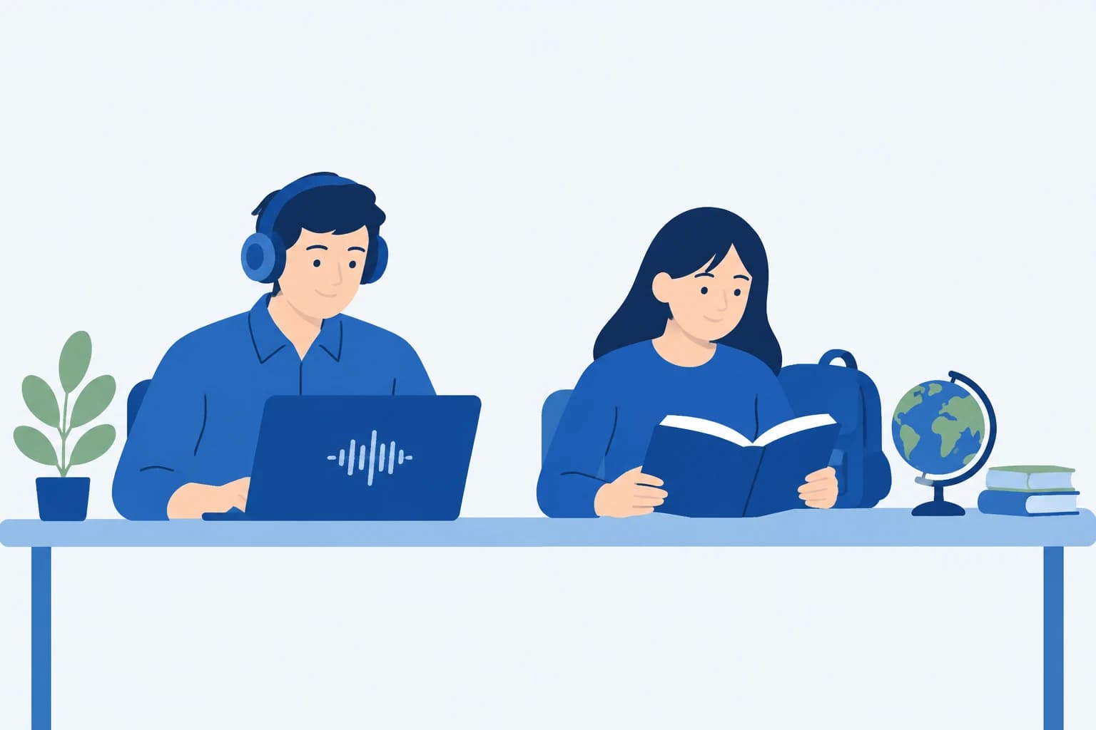 Illustration of two young adults at one desk: one in headphones at a laptop, the other reading a book beside a globe