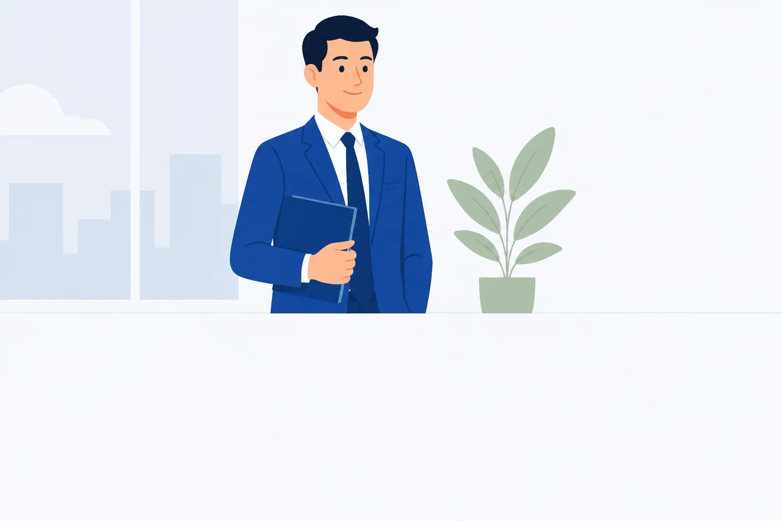 Illustration of a candidate holding a folder, standing by a lecture hall window waiting for an interview