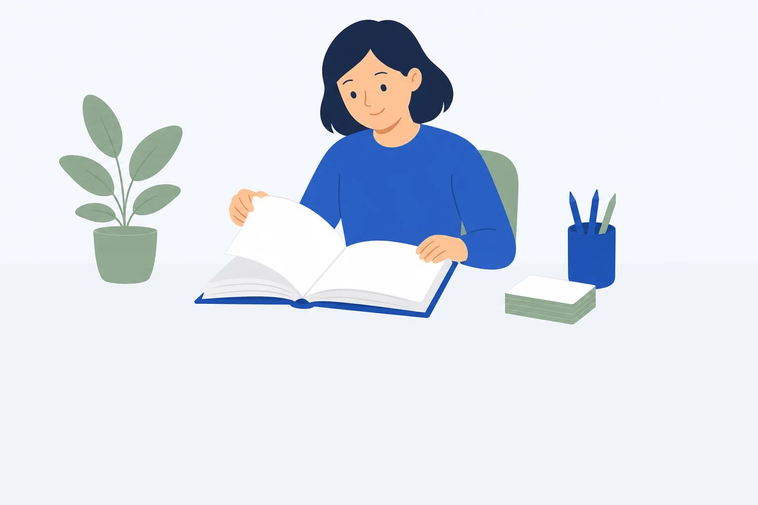 Illustration of a beginner at a desk with a thick notebook open beside a stack of vocabulary cards