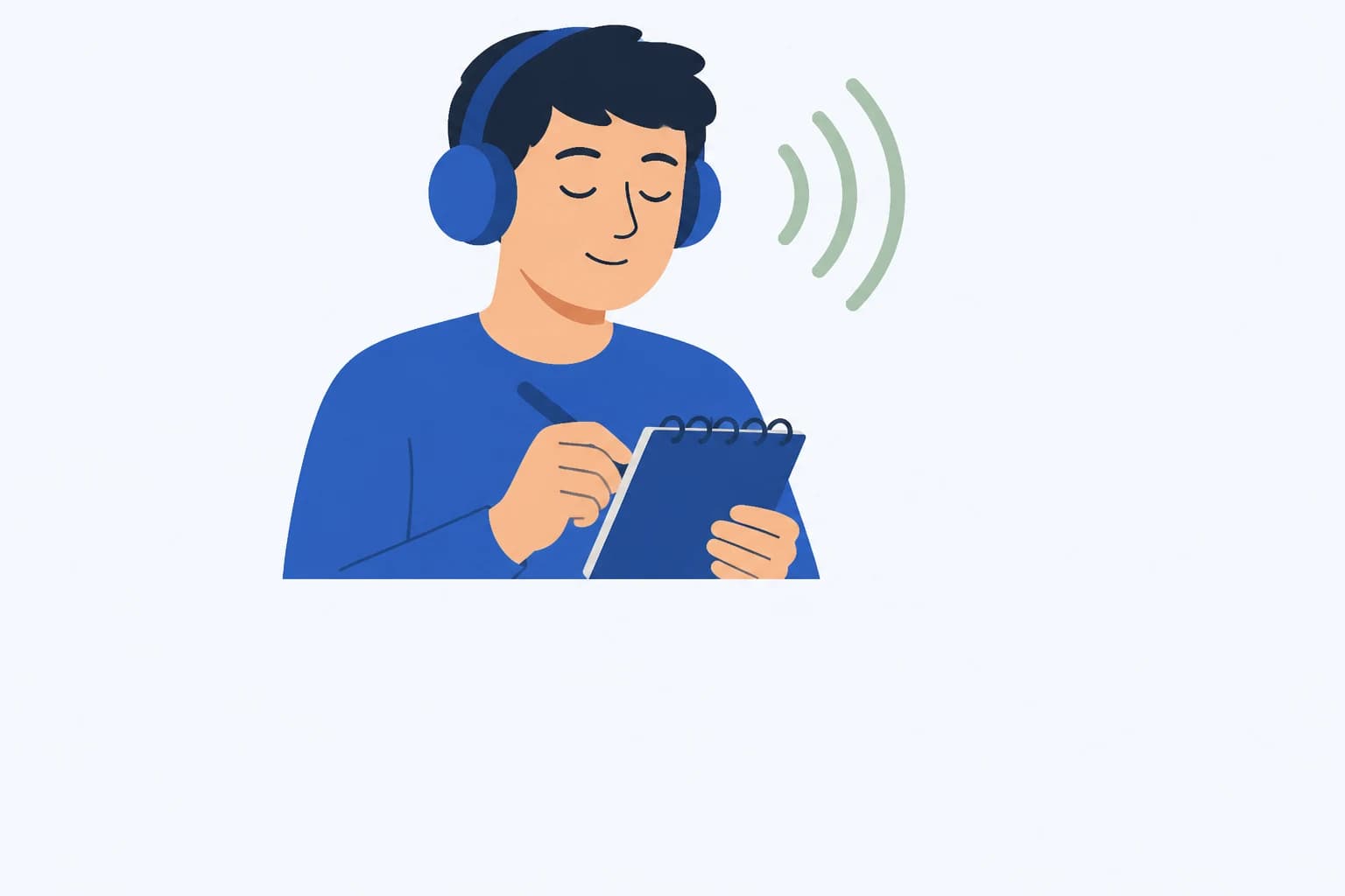 Illustration of a learner in headphones, eyes closed in concentration, writing in a notebook