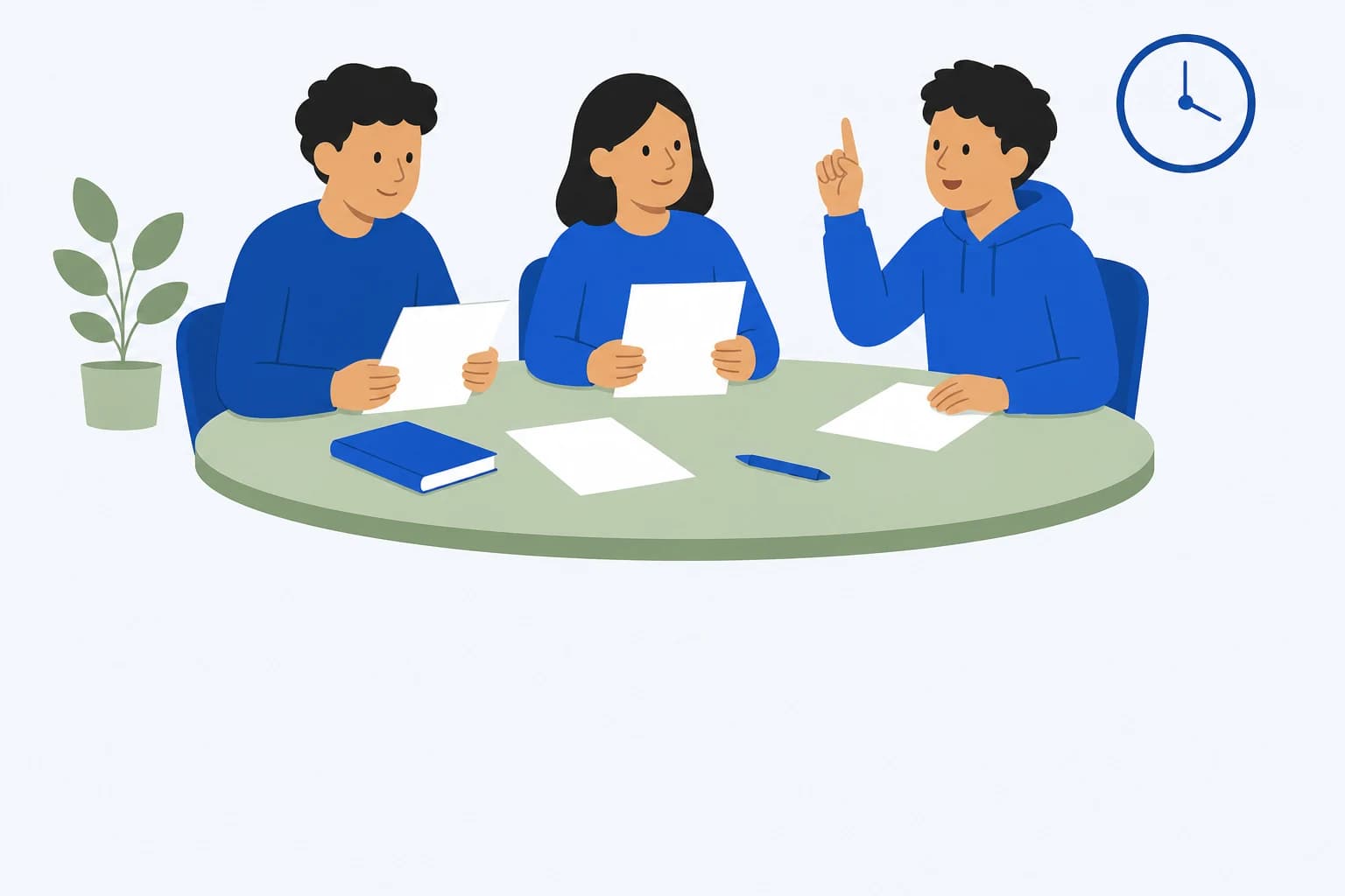 Illustration of three learners around a round table comparing practice answer sheets, one with a hand raised
